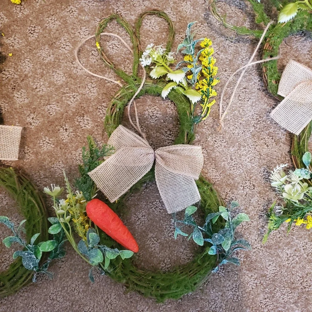 Set of 7 Easter Bunny Grapevine Wreaths Moss Burlap Bow Spring Decor 12 Inch